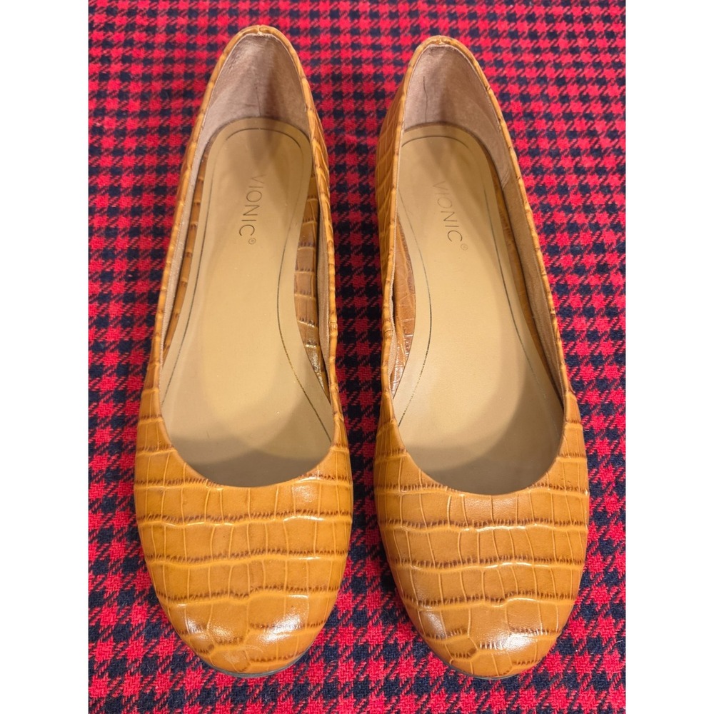 Vionic Hannah Croc Women Embossed Leather Ballet Flat 7.5 Brown Shoes Casual